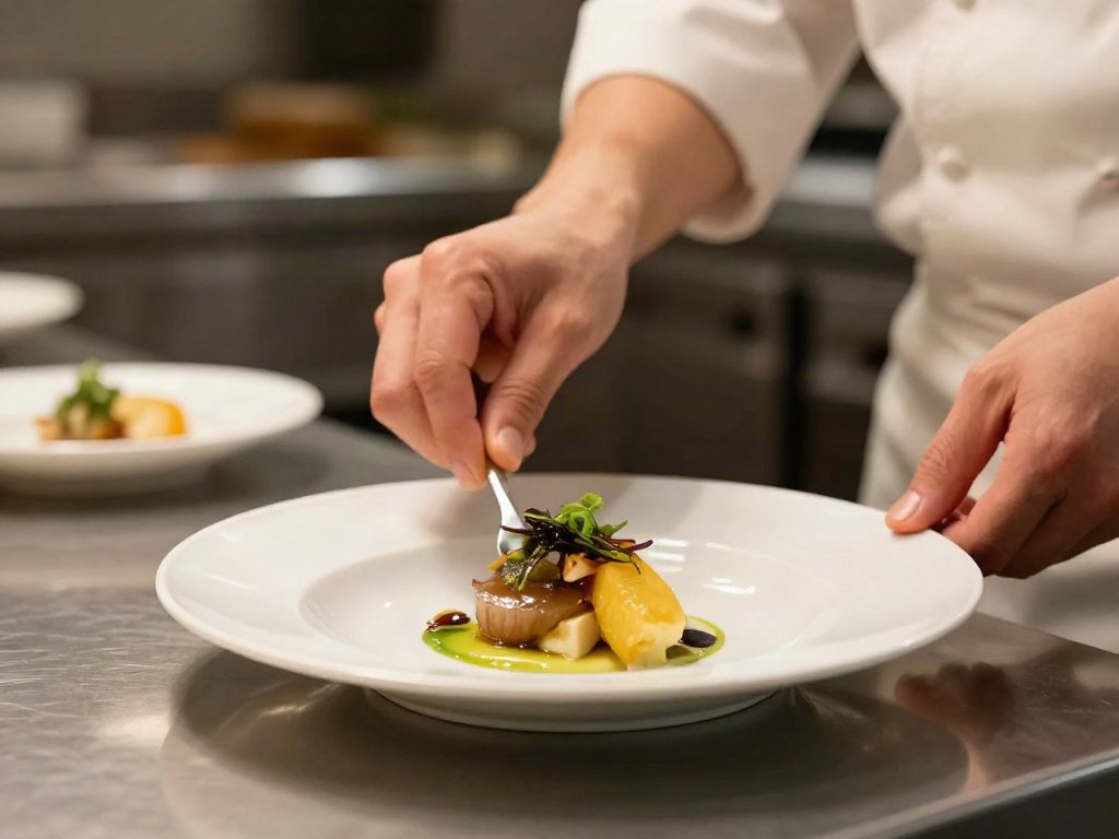 Un chef dresse une assiette en cuisine
