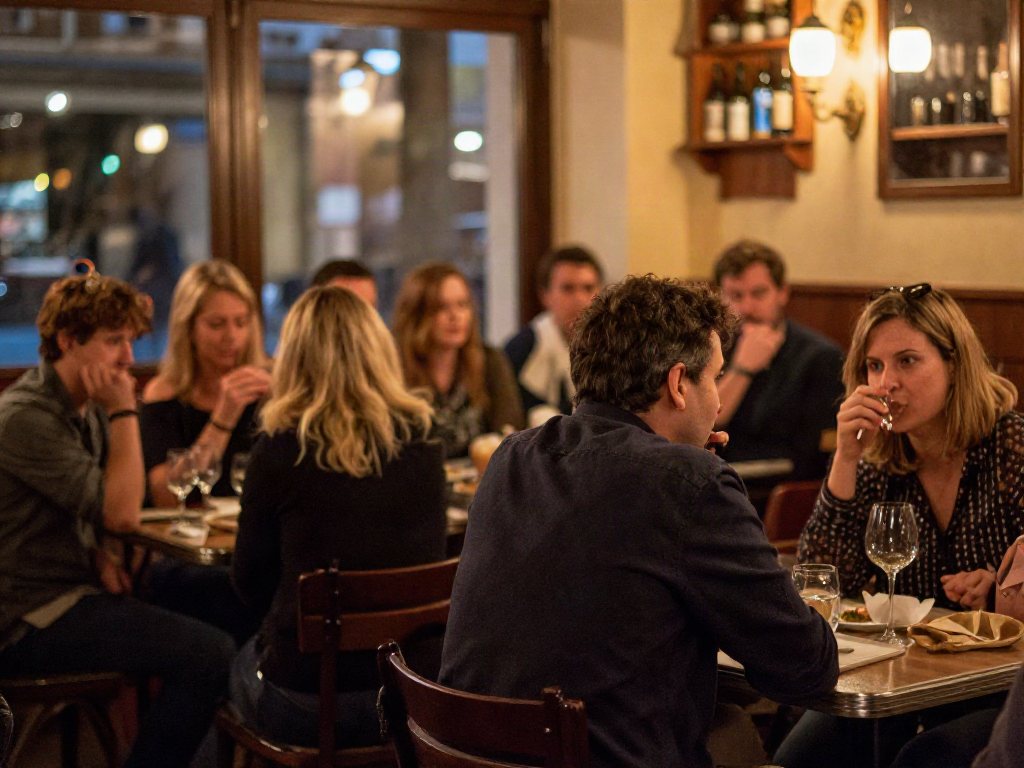 Une salle de restaurant pleine, le soir